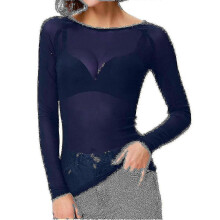 (XL,Blue)Women See-through Long Sleeve Seamless Arm Shaper Top Mesh Shirt Blouse - Ya