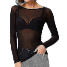 (S,Black)Women See-through Long Sleeve Seamless Arm Shaper Top Mesh Shirt Blouse - Ya