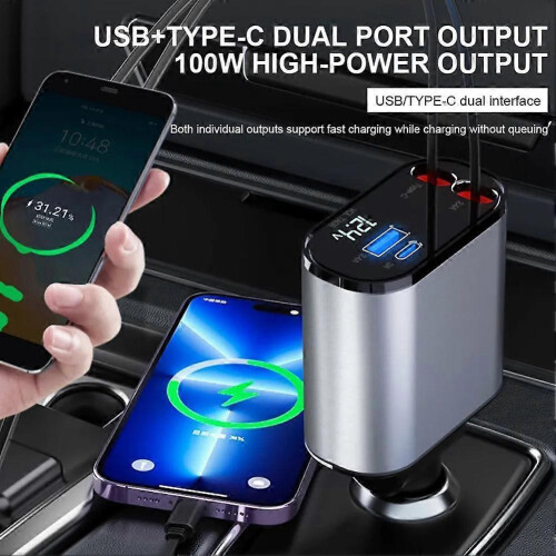 100W 4IN1 Retractable Car Charger USB Type C Cable for Phone Fast Charge Adapte 2