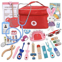 (B 21 Pcs) Children's Wooden Dentist Doctor Pretend Play Set Nurse Character Action Game Set Boys and Girls 21 Piece Set