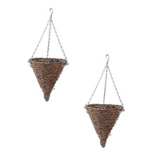 2pcs Outdoor Rattan Hanging Planter Baskets with Chain, Wicker Cone Flower Holders for Wall Decor