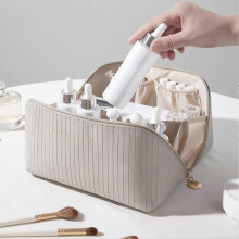 (Gray) Large capacity cosmetic bag PU waterproof Toilet bag, cosmetics storage bag