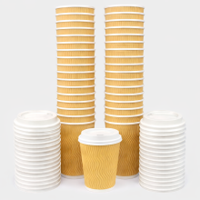50 X 12oz Takeaway Coffee Cups With lids | Triple Wall Insulated Ribbed Disposable Paper Cups For Hot / Cold Drinks (Brown)