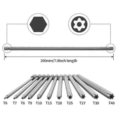 11pcs 200mm Extra Long Torx Bit Set, Security Torx Bits with Magnetic Head S2 Steel 2