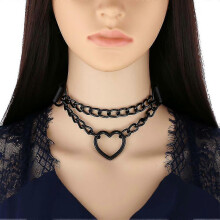 Pu Leather Peach Heart Punk Necklace (black), Heart Shaped Charm Adjustable Collar Necklace, Chain Necklace - DD
