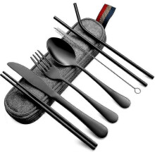 Portable Cutlery, Travel Camping Cutlery Set, 8 Piece Set Including Cutlery, Spoon, Chopsticks, Cleaning Brush, Straw Carrying Case, (black)