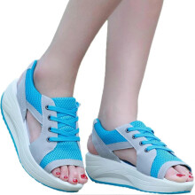 (35, Blue) Women Lace-up Muffin Sandals Contrast Paneled Cutout Heeled Sandals Flip Flops For Daily Wear Summer Dressy Party