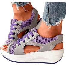 (41, Purple) Women Lace-up Muffin Sandals Contrast Paneled Cutout Heeled Sandals Flip Flops For Daily Wear Summer Dressy Party