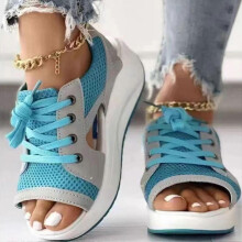 (41, Blue) Women Lace-up Muffin Sandals Contrast Paneled Cutout Heeled Sandals Flip Flops For Daily Wear Summer Dressy Party