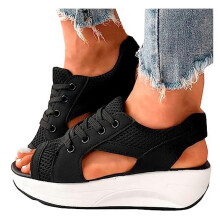 (36, Black) Women Lace-up Muffin Sandals Contrast Paneled Cutout Heeled Sandals Flip Flops For Daily Wear Summer Dressy Party