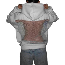 (XXL,White)Womens Crystal Mesh Back Hoodie Oversized Sweatshirts Casual Long Sleeve Pullover Sweater Winter Fall Outfits Gift White XXL