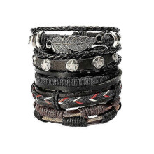 Vintage Leather Bracelet Fashion Hand-knitted Multi-layer Leather Feather Leaf Bracelet and Fashion Men's Bracelet Gift
