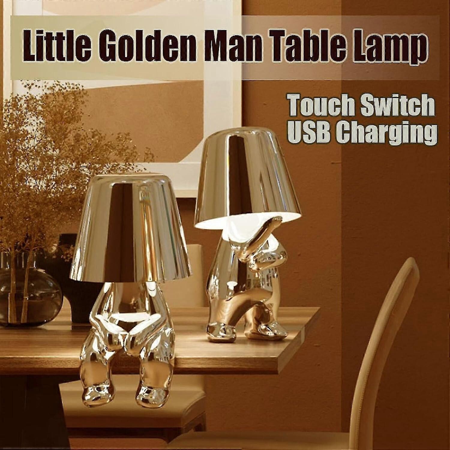 Table Light Man (G, Silver) Night Light Little Golden/ Silver Man, 3 Level Dimmable ...