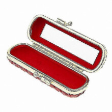 (Red) Leather Lip Gloss Case with Mirror for Lipstick and Balm Storage Box