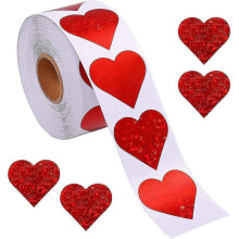 Flash Heart Stickers Labels, 1.5 Inch/3.8 Cm Adhesive Rolls 500pcs Red Round Heart Sticker Circle Envelopes Label Mothers Day Gift for Decorations Par