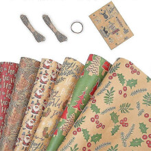 Christmas Wrapping Paper, Made From Recycled Kraft Paper, 6 Folded Sheets 100x44cm with 6 Vintage Designs - Ri