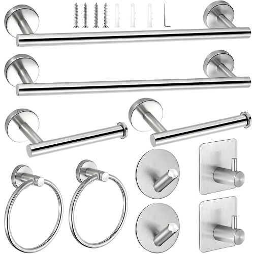 Bathroom Hardware Set Adhesive Towel Rings Robe Hook-silver