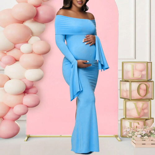 Practical Pocketed Maternity Dress Easy Access Personal-Blue L 2