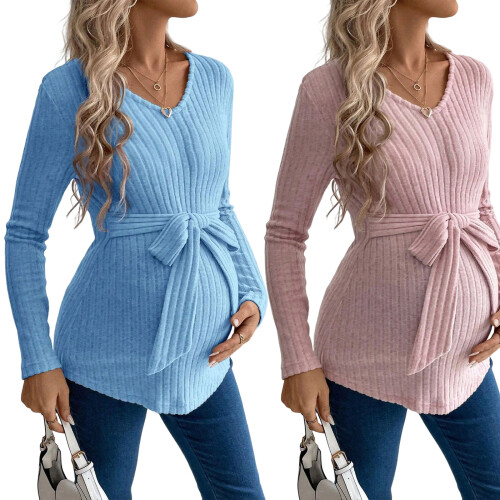 Maternity V Neck Clothing with Tie Comfortable-Blue XL 2