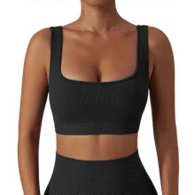 (L) Women's Medium Support Tank Top Rib Seamless Removable Cup Workout Sports Bra - Pjun