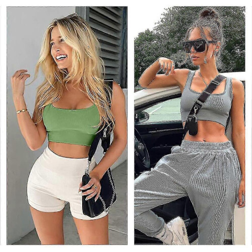 (L) Women's Medium Support Tank Top Rib Seamless Removable Cup Workout Sports Bra - Pjun 2