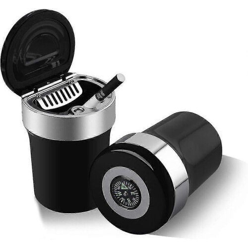 Portable ashtray with LED light compass and cover, black / silver, for car 1
