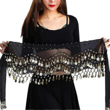 (Black) 3 Row Unique Scarf Bead Use Outfit Hip Dance Wrap Belly Quality Costume Easy Skirt Coin Belt to Gold Premium