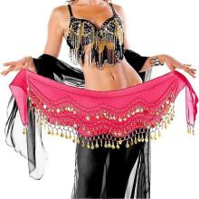 (Pink) 3 Row Unique Scarf Bead Use Outfit Hip Dance Wrap Belly Quality Costume Easy Skirt Coin Belt to Gold Premium