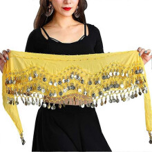 (Yellow) 3 Row Unique Scarf Bead Use Outfit Hip Dance Wrap Belly Quality Costume Easy Skirt Coin Belt to Gold Premium