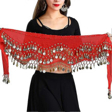 (Red) 3 Row Unique Scarf Bead Use Outfit Hip Dance Wrap Belly Quality Costume Easy Skirt Coin Belt to Gold Premium