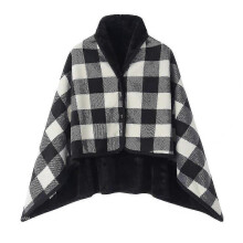 (Black White) Women Multiway Plaid Poncho Shawl Wrap Fleeced Wearable Blanket Ultra Soft Sherpa Flannel Cape - q37