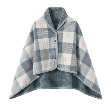 (Light Blue) Women Multiway Plaid Poncho Shawl Wrap Fleeced Wearable Blanket Ultra Soft Sherpa Flannel Cape - q37