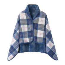 (Blue) Women Multiway Plaid Poncho Shawl Wrap Fleeced Wearable Blanket Ultra Soft Sherpa Flannel Cape - q37