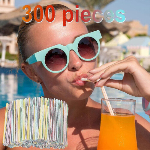 300 Pieces Plastic Drinking Straws 8 Inches Long Multi-colored Striped Bedable 1