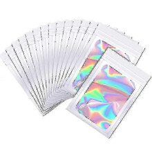 (10x15cm, White) 100 Pc Smell Proof Mylar Bags Resealable Odor Proof Bags Holographic Packaging Pouch Bag With Clear Window Compatible With Food