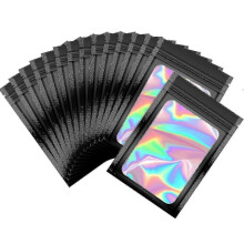 (7x10cm, Black) 100 Pc Smell Proof Mylar Bags Resealable Odor Proof Bags Holographic Packaging Pouch Bag With Clear Window Compatible With Food