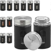 Set of 12 Glass and Stainless Steel Spice Shakers with 3 Hole Sizes for Herbs in 90ml Jars