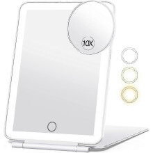 Travel Makeup Mirror with 10x Magnifying Glass, 80 LEDs, 3 Colour Lighting, and Rechargeable 2000mAh Battery for UK Users