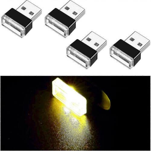 (Yellow) 4pcs Usb Led Car Interior Atmosphere Lamp, Mini Usb Car Light, Plug-in Usb Interface Trunk Ambient Lighting Portable Night Light - Pjun