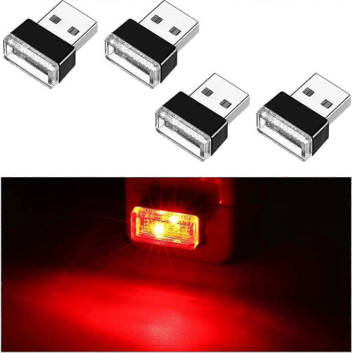 (Red) 4pcs Usb Led Car Interior Atmosphere Lamp, Mini Usb Car Light, Plug-in Usb Interface Trunk Ambient Lighting Portable Night Light - Pjun