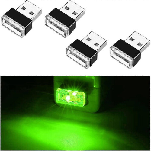 (Green) 4pcs Usb Led Car Interior Atmosphere Lamp, Mini Usb Car Light, Plug-in Usb Interface Trunk Ambient Lighting Portable Night Light - Pjun
