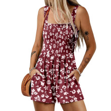 Women's Summer Casual Pleated Jumpsuit Square Neck-Red L