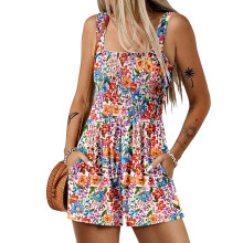 Women's Summer Casual Pleated Jumpsuit Square Neck-Multi S