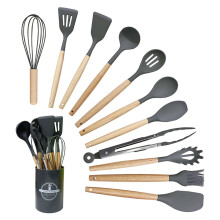 Juego de utensilios de cocina resistentes al calor, herramientas de silicona antiadherentes con construcción libre de BPA, mangos de madera para un