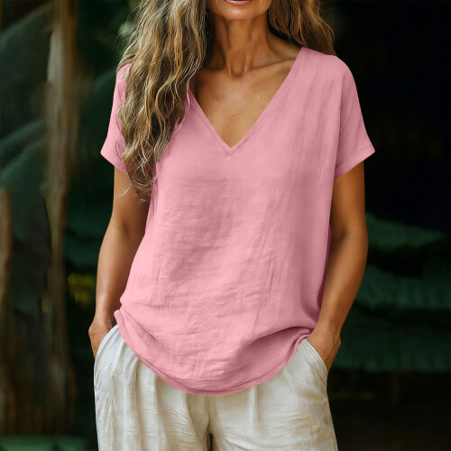 Women's Short Sleeve Blouse Lightweight Polyester Fabric-Pink L 2