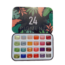(Rainforest) 24 Colors Pearlescent Pigment Watercolors Set Shining Metallic Gouache Paint Portable Iron Palette