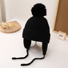 (Black)Childrens Fall Winter Knit Cap With Windproof Design For Kids Colors Multiple
