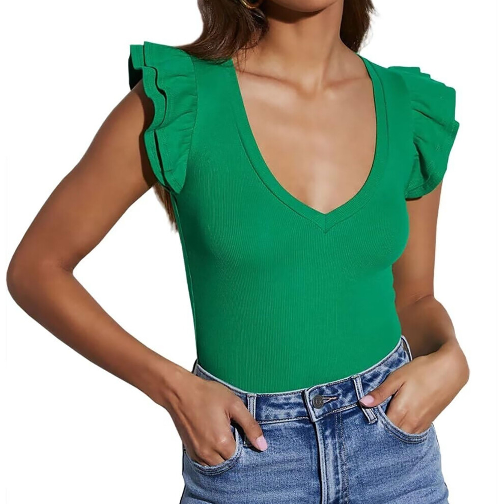 Camiseta sin mangas de verano para mujer, cuello en-Green XXL