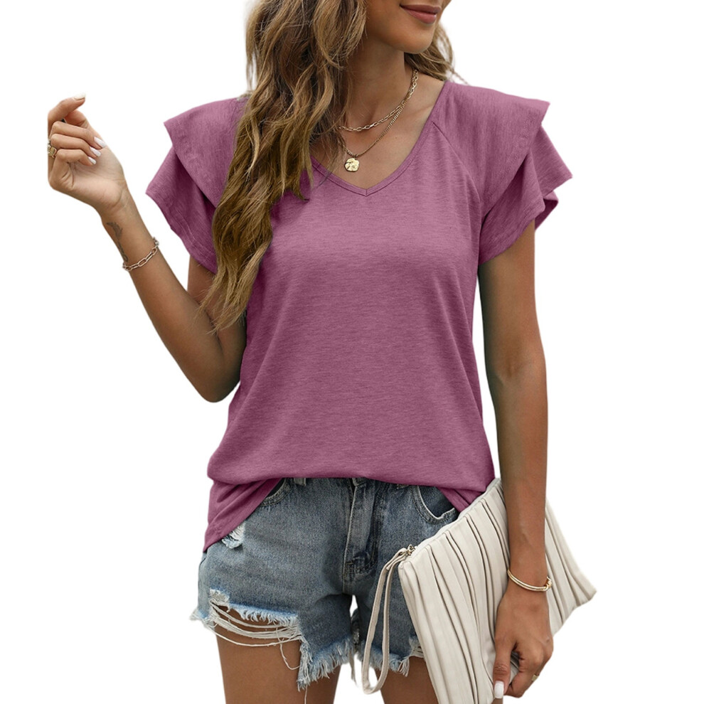 Burgundy Women's T-Shirts, Short Sleeve, Ruffled, V-Neck,- Xxl