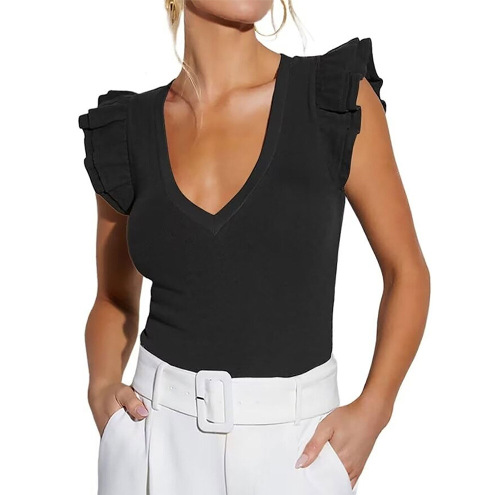 Camiseta sin mangas de verano para mujer, cuello en-Black XXL